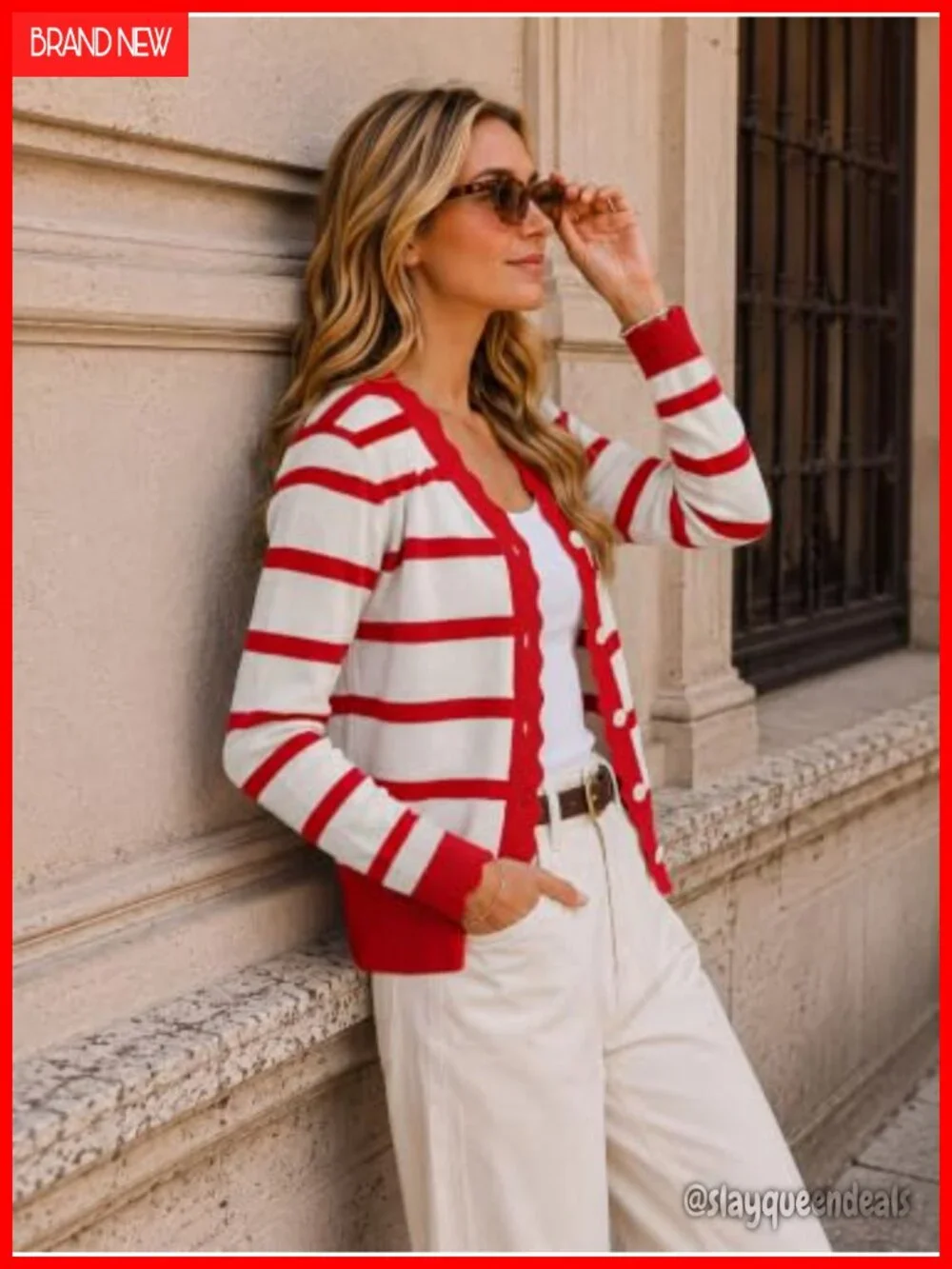 Striped V-Neck Cardigan Sweater Long Sleeve Button Down Ribbed Knit Lightweight